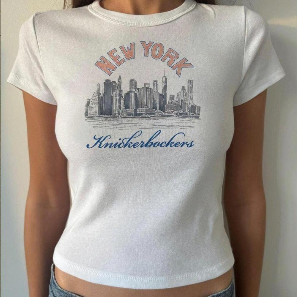 White Brandy Melville Baby Tee With New York Skyline Print